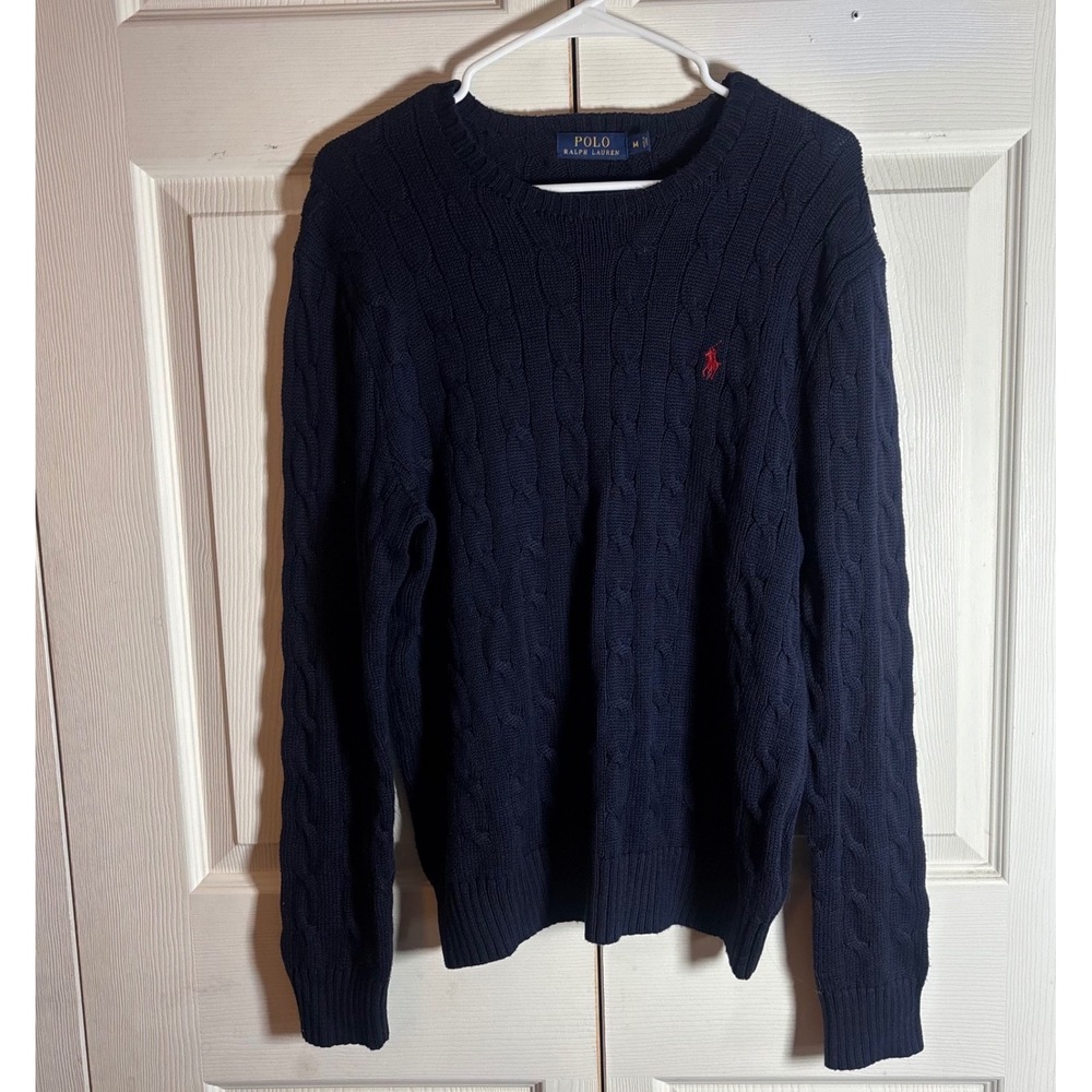 Polo Ralph Lauren Mens Navy Blue Cable Knit Crew Neck Sweater Size M Red Pony